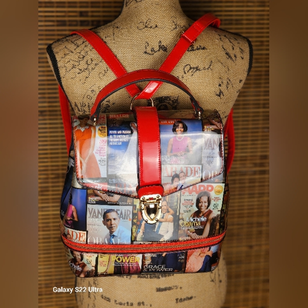 Magazine Print Backpack with Photos Of Barack And Michelle Obama Wirh Red Trim